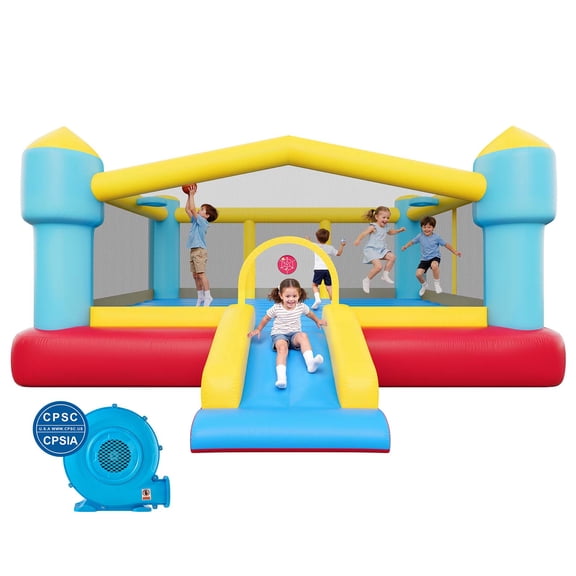 VEVOR Inflatable Bounce House, 14.7 x 13.8 x 6.8 ft Jumping Bouncy Castle, Inflatable Jumper for Kids with Slide, Basketball Hoop, Target Game & Jumping Area, Jumpings House Holds 3-4 Kids (Ages 3-8)