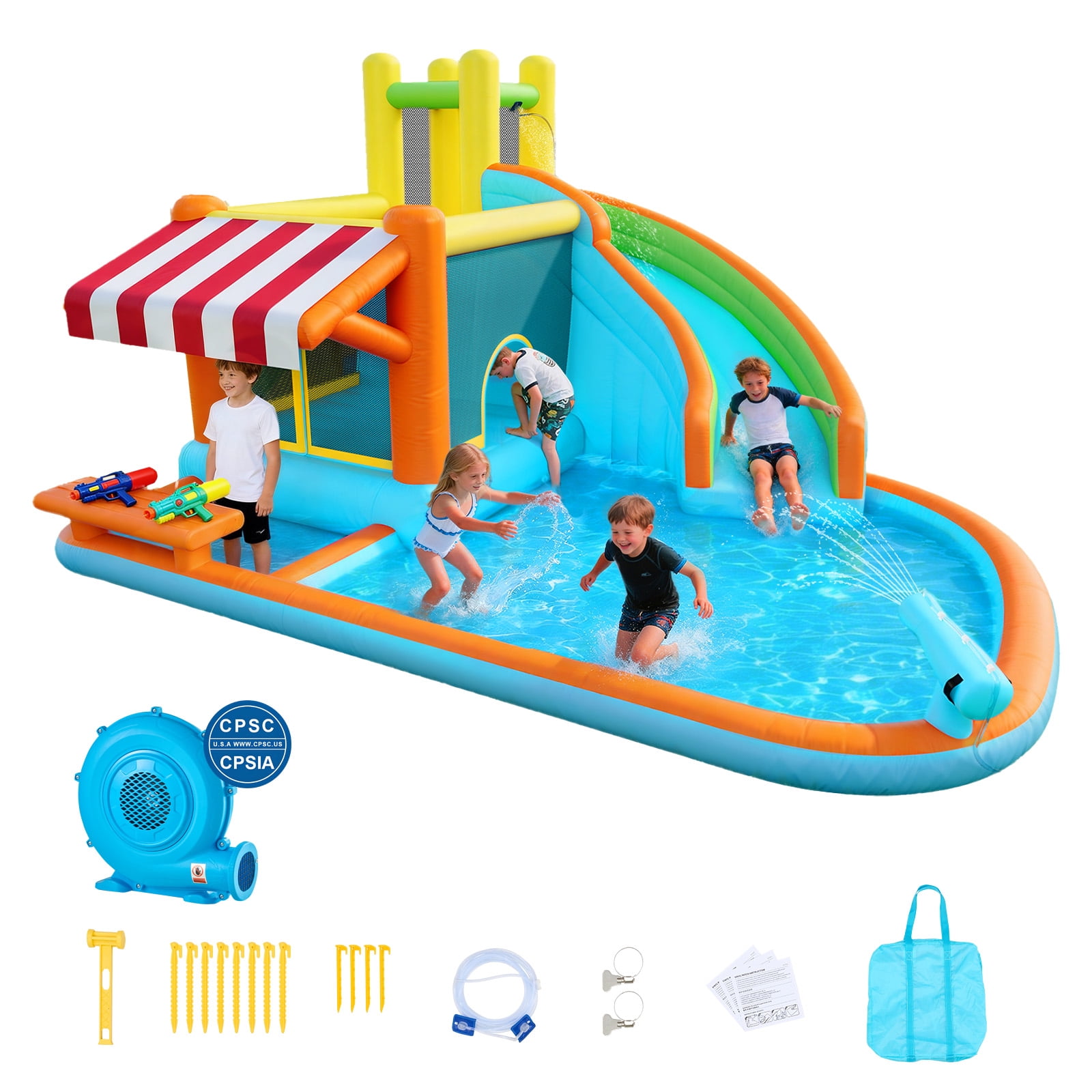 VEVOR Inflatable Bounce House, 14.9 x 12.8 x 7.8 ft Inflatable Bounce House Water Slide, Bouncer Castle with Castle Bounces, Tall Slide, Splash Pool & Pretend Market Booth,for 3 to 4 Kids Ages 3 to 8