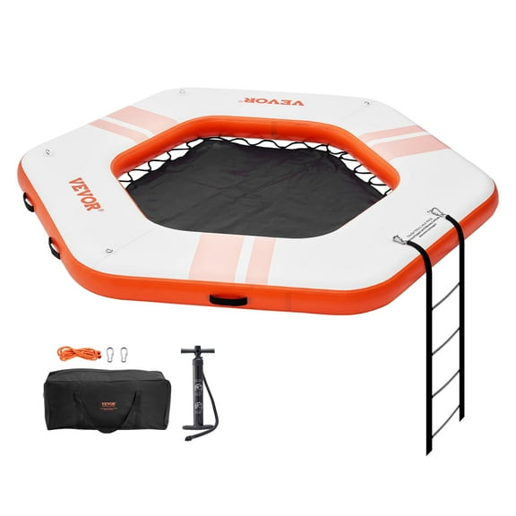 VEVOR Inflatable Floating Dock, 8.5FT Inflatable Dock Platform with 5FT Trampoline Mesh Pool, Non-Slip Floating Platform Water Mat with Portable Bag & Detachable Ladder for Pool Beach Relaxation
