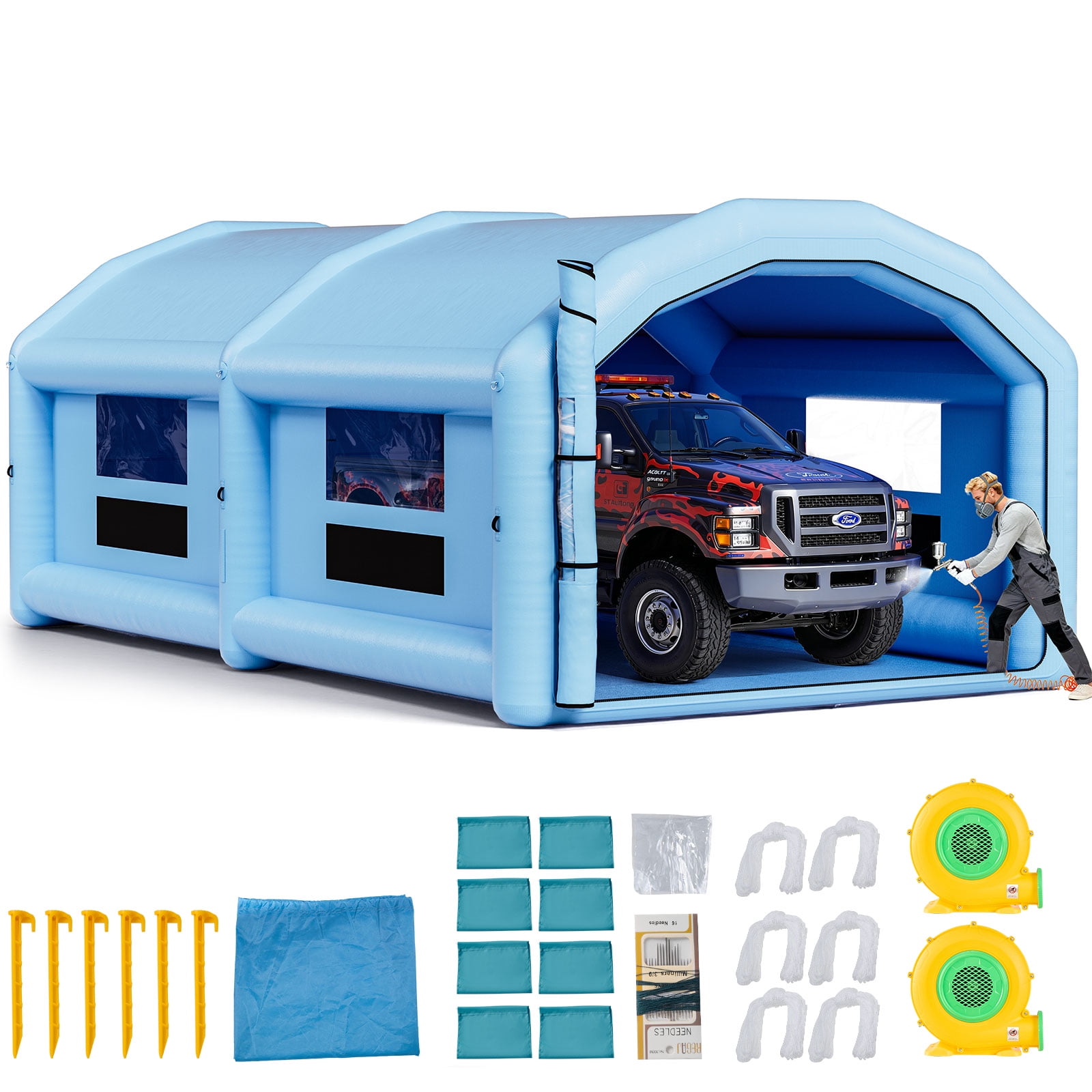 VEVOR Inflatable Paint Booth, 32.81 x 19.69 x 13.12 ft, Inflatable Spray Booth with 950W and 1100W Blowers and Air Filter System, Round Roof, for Painting Car, Truck, Furniture,Automotive Sheet Metal