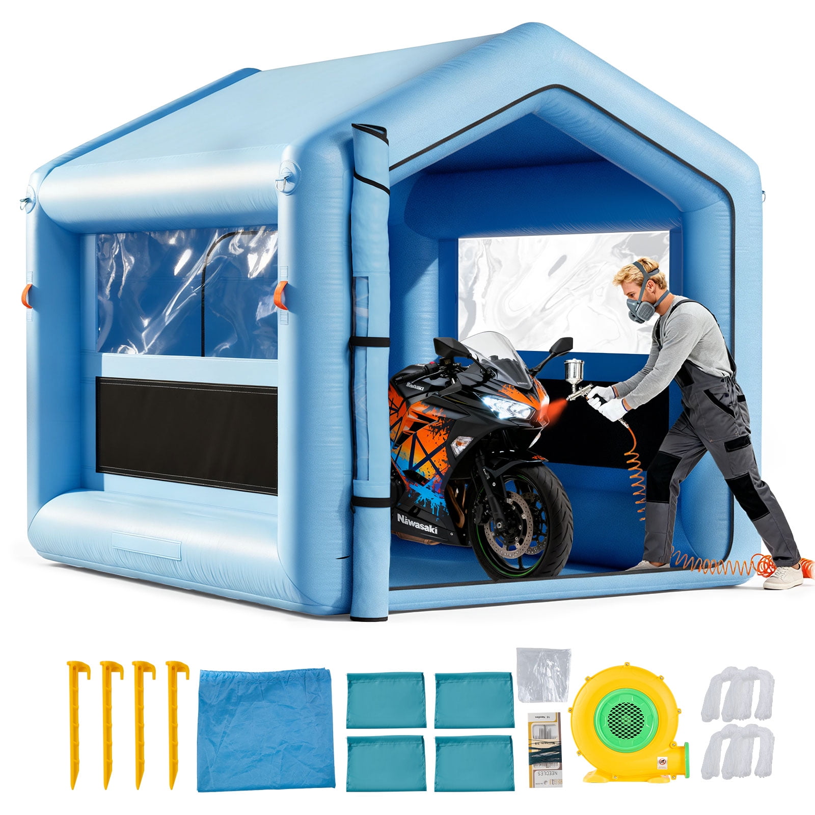 VEVOR Inflatable Paint Booth, 9.84 x 8.2 x 8.2 ft, Inflatable Spray Booth with 550W Powerful Blower and Air Filter System, Triangular Roof, for Painting Bicycle, Motorcycle, Automotive Sheet Metal
