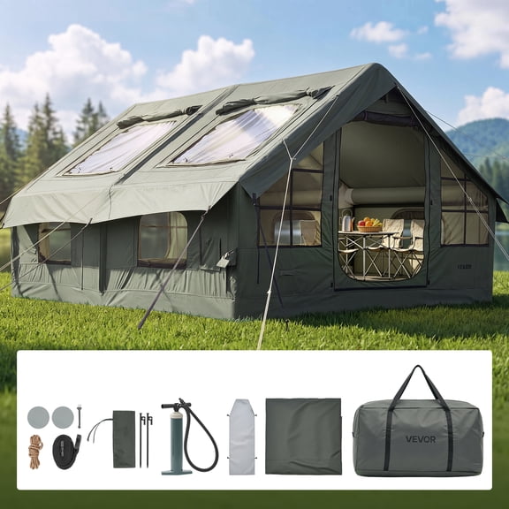 VEVOR Inflatable Tent for Camping 5-8 Person Blow Up Tent with Pump Green, for Family Outdoor Glamping, Waterproof Poly-Cotton, Easy Setup Air House with Skylight, Stove Jack,Mesh Windows & Carry Bag