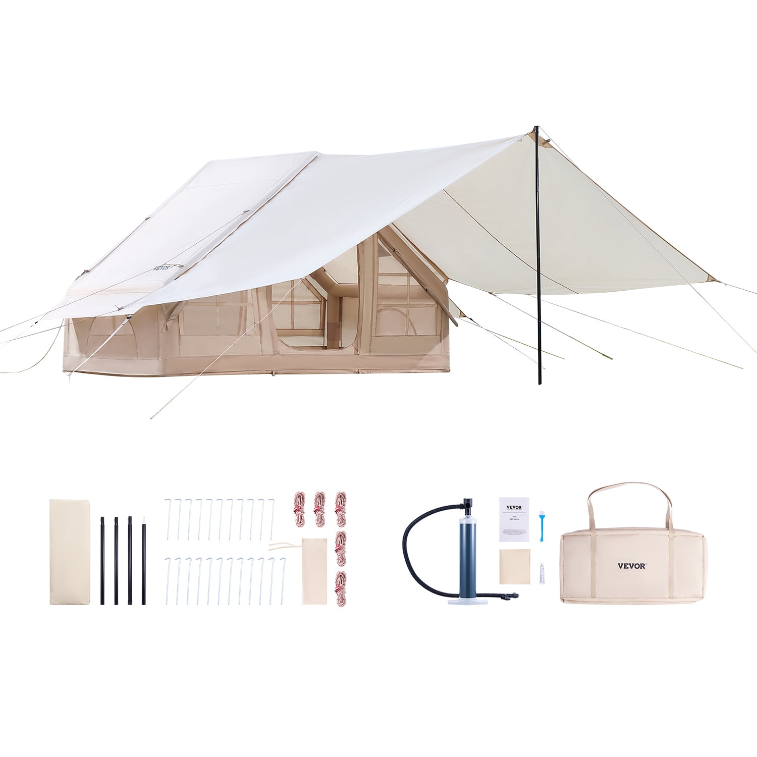 VEVOR Inflatable Tents for Camping, 3-5 Person Easy Setup Blow up Tent with Hand Pump, 300D Oxford 4 Season Glamping Tent with Canopy, Stove Jack, 2 Doors & 2 Mesh Windows (Storage Bag Included)