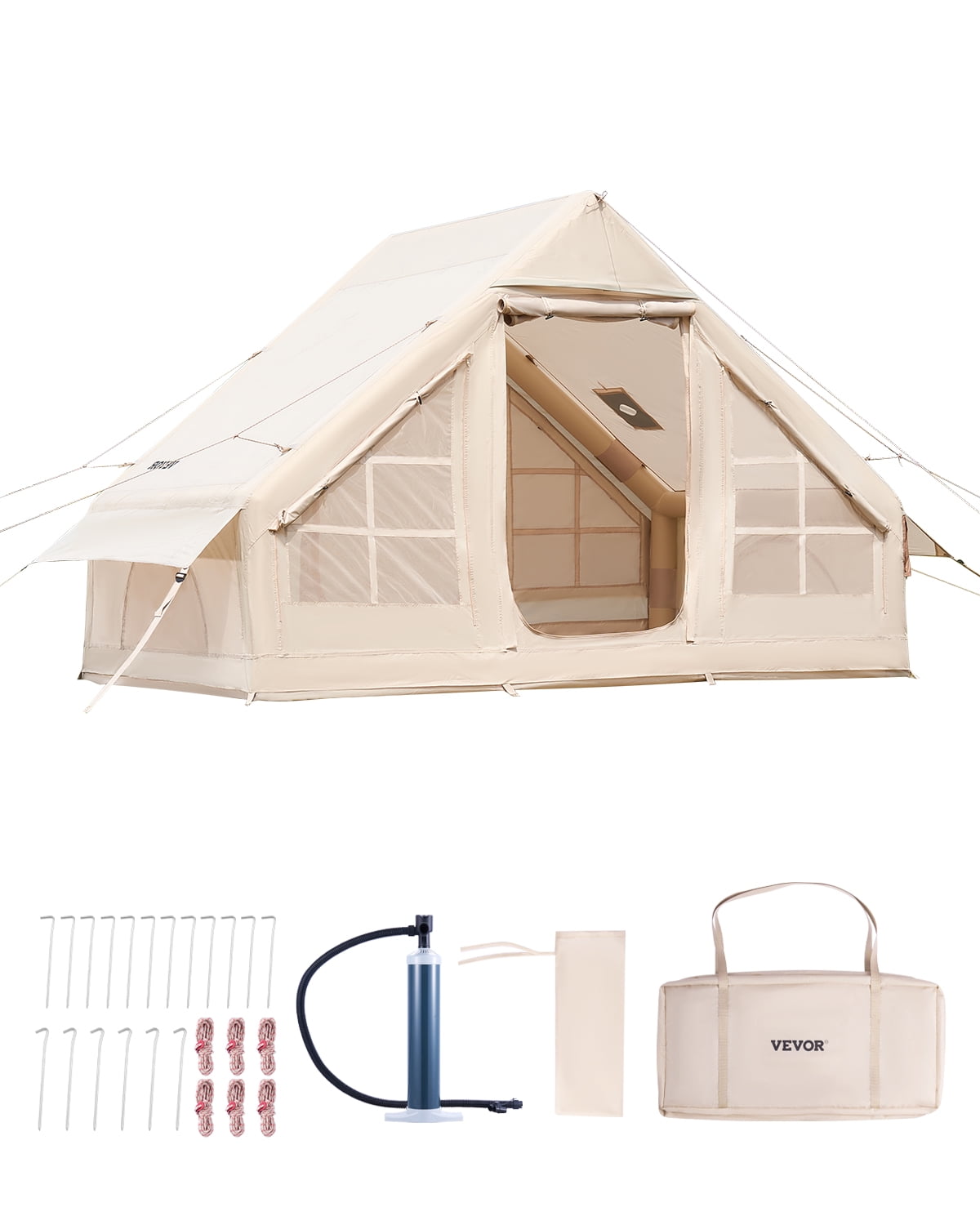 VEVOR Inflatable Tents for Camping,3-5 Person Easy Setup Blow up Tent with Hand Pump,300D Oxford 4 Season Glamping Tent with Stove Jack 2 Doors & 2 Mesh Windows,Storage Bag Included for Easy Taking