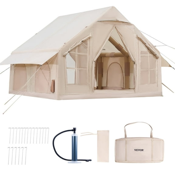 VEVOR Inflatable Tents for Camping, 4-6 Person Easy Setup Blow up Tent with Hand Pump,300D Oxford 4 Season Glamping Tent with Stove Jack 2 Doors & 4 Mesh Windows, Storage Bag Included