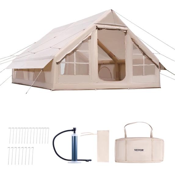 VEVOR Inflatable Tents for Camping, 5-8 Person Easy Setup Blow up Tent with Hand Pump, 300D Oxford Glamping Tent with Stove Jack 2 Doors & 4 Mesh Windows, Storage Bag Included