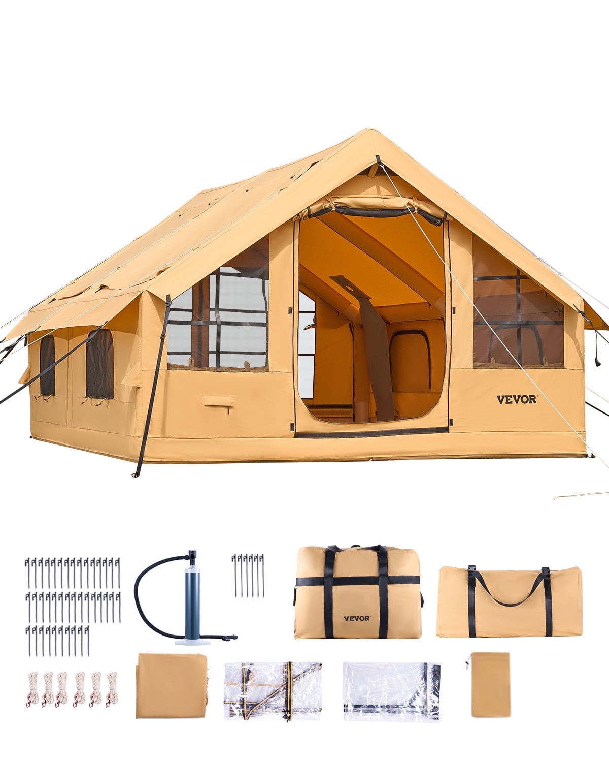 VEVOR Inflatable Tents for Camping, 5-8 Person Easy Setup Blow up Tent with Hand Pump, Luxury Glamping Tent with 2 Skylights, Canopy, Stove Jack 2 Doors & Mesh Windows (Storage Bag Included)