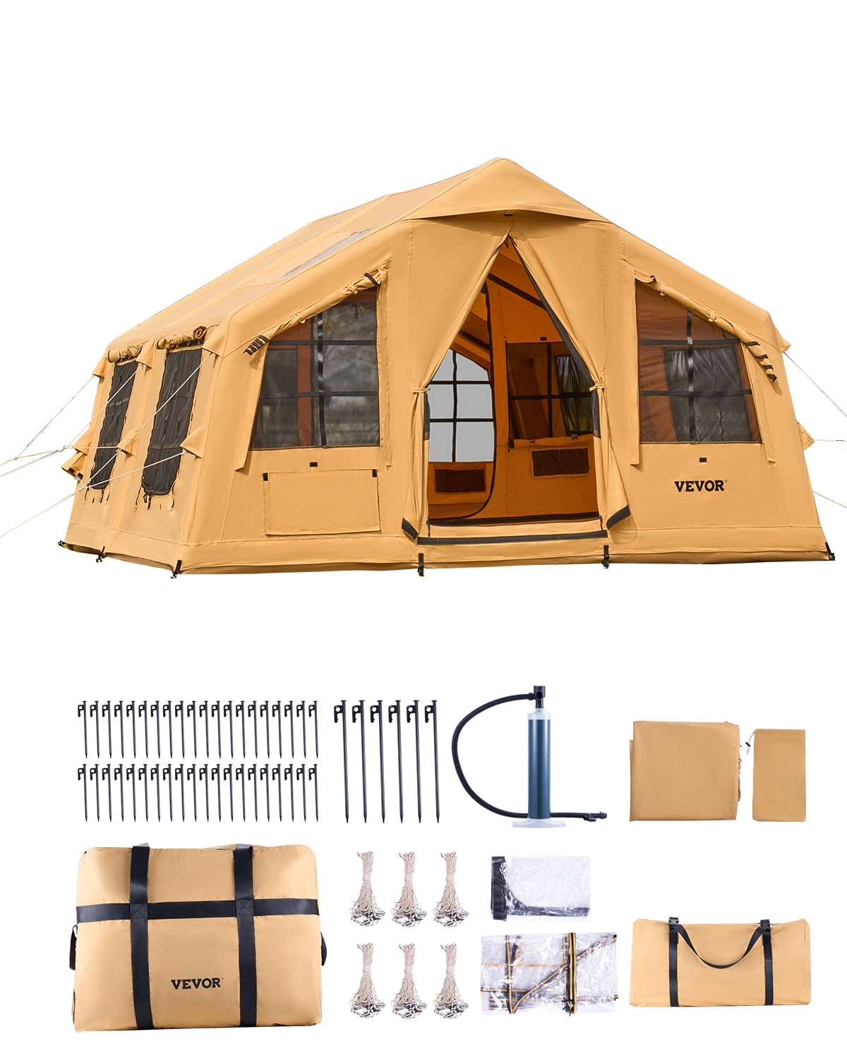 Carpa inflable VEVOR para acampar, para 8-12 personas, fácil instalación con bomba manual, carpa de lujo para glamping de 4 estaciones con 2 tragaluces, toldo, salida para estufa, 2 puertas y ventanas de malla (incluye bolsa de almacenamiento)