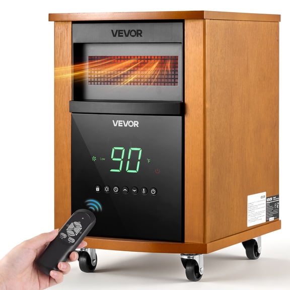 VEVOR Infrared Heater 1500W Electric Space Heater with Remote Control, 3 Heat Settings, 12H Timer, Overheat Shutoff, Portable Wheels, Premium MDF, for Indoor Bedrooms, Offices, Studies, Light Wood