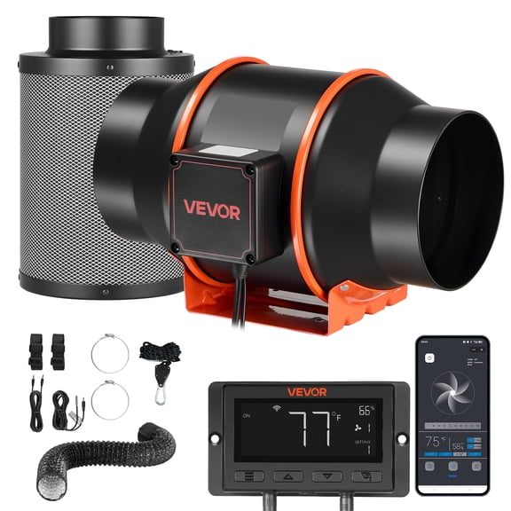 VEVOR Inline Duct Fan Kit Carbon Filter, 402 CFM 6 inch EC Motor Exhaust Ventilation Fan with 10-Speed, PWM Controller, App Control, Timer, Cooling System for Grow Tent, Indoor Gardening, Hydroponics