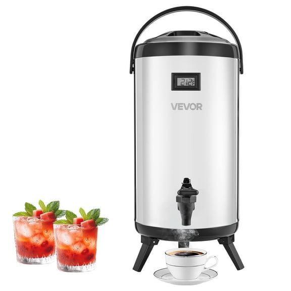 VEVOR Insulated Beverage Dispenser, 2.4 Gal/9.2L Stainless Steel Thermal Drink Server with Spigot & Temp Display, Suitable for Hot and Cold Drinks, for Tea Coffee Water in Cafes & Restaurants, Silver