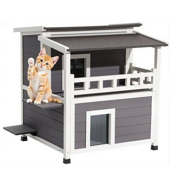 VEVOR Insulated Cat House, 2-Story Wooden Cat Shelter, Foam Insulation, Feral Kitty Shelter with Balcony, Waterproof Cats Condos for Indoor & Outdoor 1-3 Cats in Winter 33 x 29.5 x 32 in
