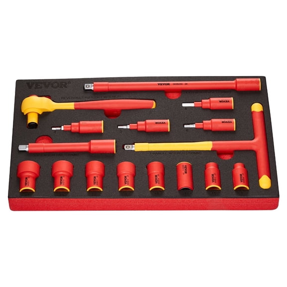 VEVOR Insulated Socket Set, 16-Piece Insulated Wrench Tool Set, 1000V Insulated Socket Tool, with Insulated Sockets, Insulated T-Handle Wrench, Drive