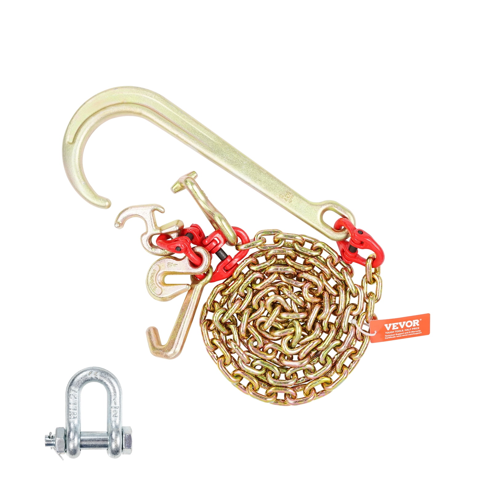 VEVOR J Hook Chain, 5/16" x 6' G80 15" Long Shank J Hook Tow Chain with RTJ Cluster Hook & Grab Hook, 5400 lbs Safe Working Load, Heavy Duty Transport Truck Chain for Wrecker Recovery Trailer Towing