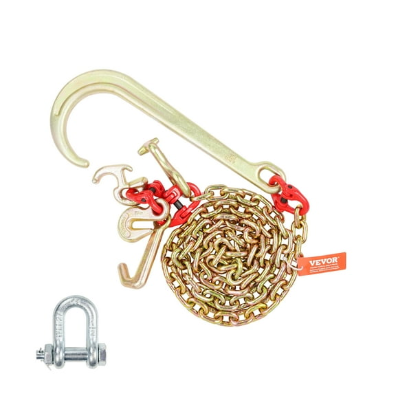 VEVOR J Hook Chain, 5/16" x 6' G80 15" Long Shank J Hook Tow Chain with RTJ Cluster Hook & Grab Hook, 5400 lbs Safe Working Load, Heavy Duty Transport Truck Chain for Wrecker Recovery Trailer Towing