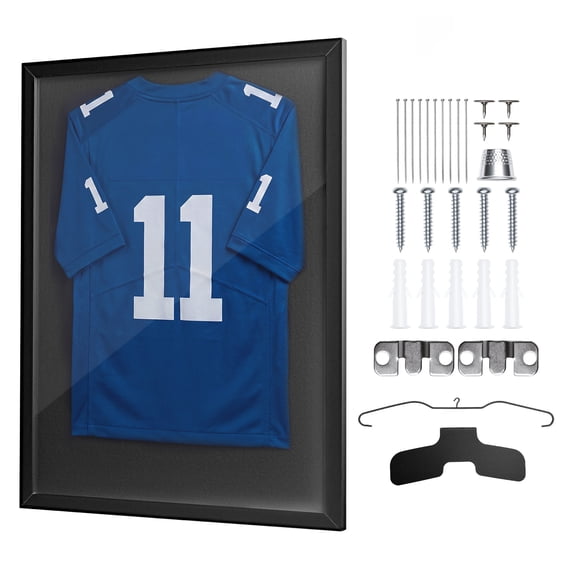 VEVOR Jersey Frame Display Case, 35.4 x 27.6 x 1.2 in, Wooden Sport Jersey Shadow Box with 98% UV Protection PC Panel and Hanger, for Baseball Basketball Football Hockey Shirt Sport Uniform, Black