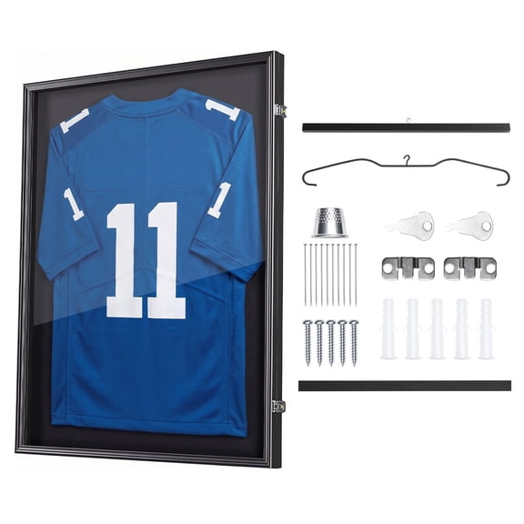 VEVOR Jersey Frame Display Case, 35.4 x 27.6 x 1.5 in, Lockable Wooden Sport Jersey Shadow Box with 98% UV Protection PC Panel and Hanger, for Baseball Basketball Football Hockey Shirt and Uniform