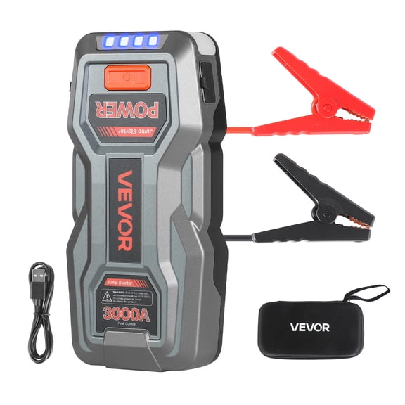 VEVOR Jump Starter, 3000A Peak, Car Jumper Starter Battery Pack, 12V Portable Lithium Battery Booster, Jump Box Power Bank with 3 Modes Flashlight and Jumper Cable, for Up to 9L Gas/7L Diesel Engines