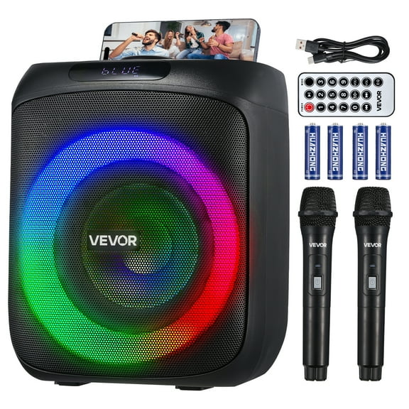 VEVOR Karaoke Machine for Adults, 30W, 6.5-inch Portable Bluetooth Speaker with 2 Wireless Microphones, LED Light, TWS Function, Handle,Support Micro TF Card, USB, AUX,for Home Karaoke Party Singing