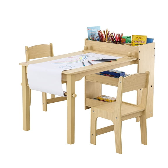 VEVOR Kids Art Table and 2 Chairs, 2-in-1 Toddler Craft and Play Activity Table, Wood Toddler Table and Chair Set with A Cabinet for Art, Craft, Reading, Learning
