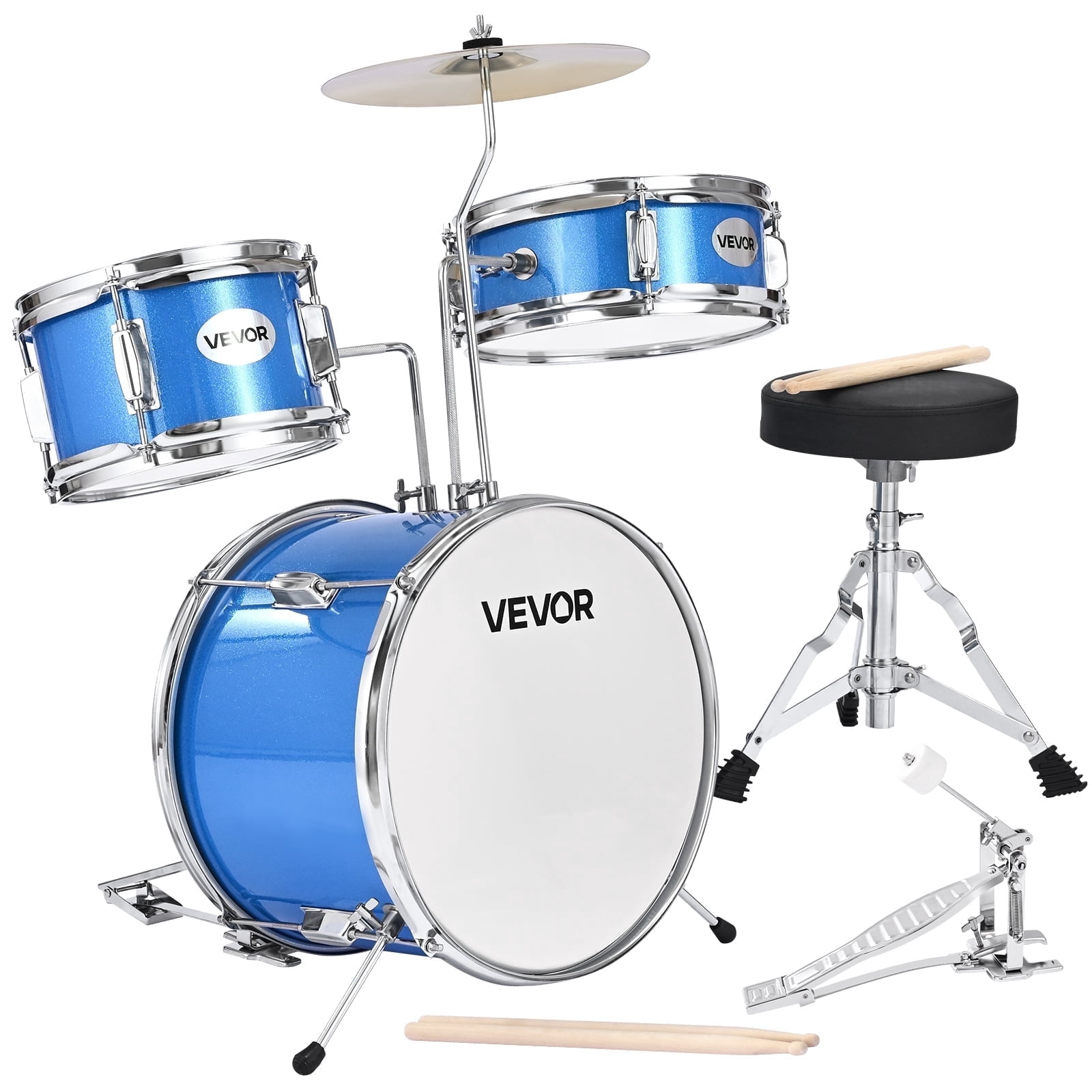 VEVOR Kids Drum Set,3-Piece 14 in Junior Drum Sets, Beginner Drums Set with Adjustable Throne, Cymbal & Two Pairs of Drumsticks, Musical Learning Drums Kit(Blue)