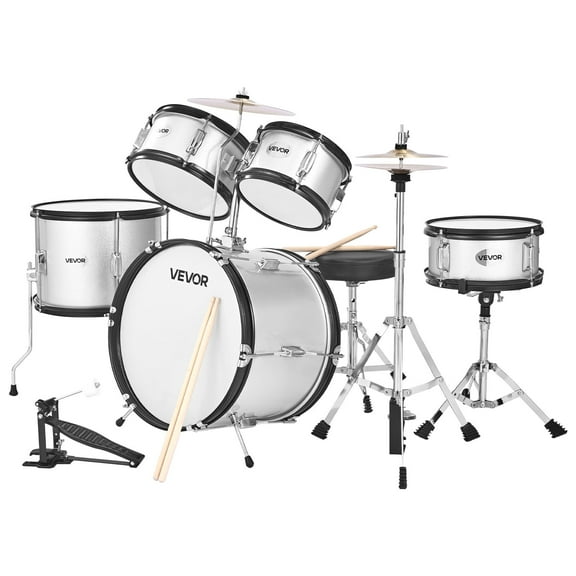 VEVOR Kids Drum Set,5-Piece 16 in Junior Drum Sets, Beginner Drums Set with Adjustable Throne, Cymbal & Two Pairs of Drumsticks, Musical Learning Drums Instrument Kit, for Children Ages 6-13(Silver)