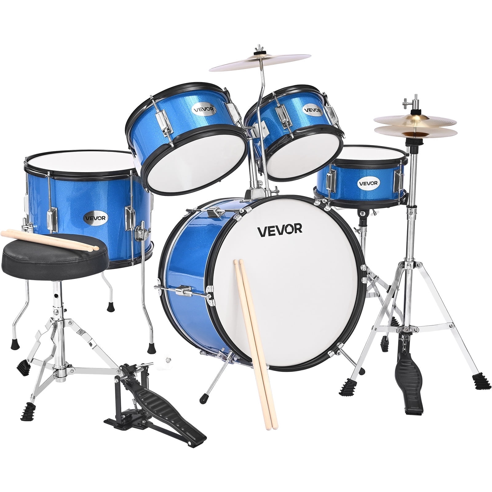 VEVOR Kids Drum Set, 5-Piece 16 in Junior Drum Sets, Beginner Drums Set with Adjustable Throne, Cymbal & Two Pairs of Drumsticks, Musical Learning Drums Instruments Kit, for Children Ages 6-13(Blue)