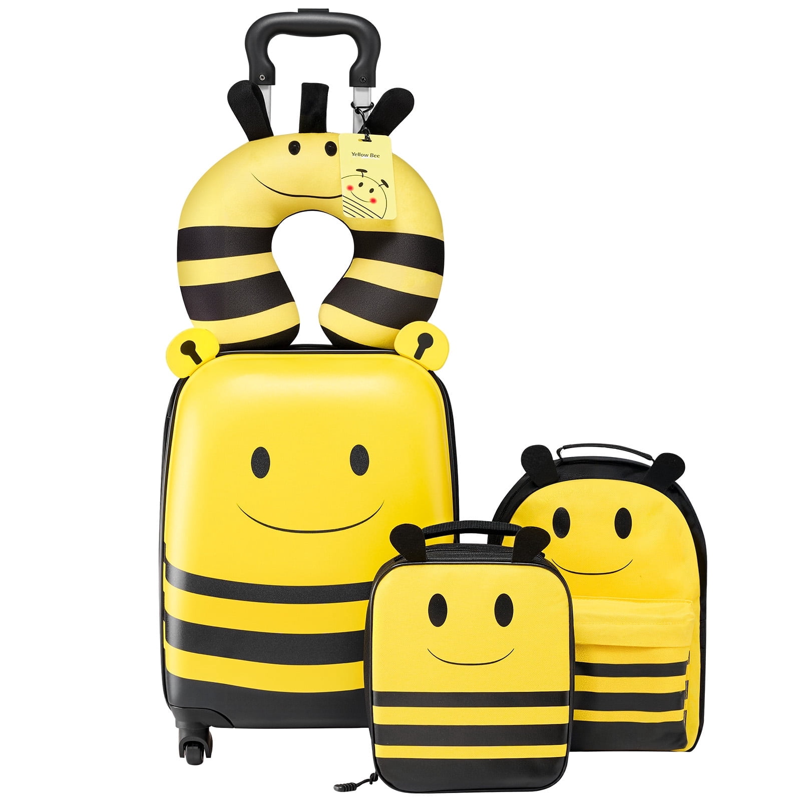 VEVOR Kids Luggage Set, 5 Piece, 18 Inch Hardside Rolling Wheels Suitcase with Backpack & U-shape Pillow, Bee Kids Carry on Luggage Set, Holiday Birthday Gift for Girls Boys, Airline Approved