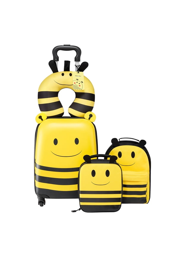 Kids Luggage Set, 5 Piece, 18 Inch Hardside Rolling Wheels Suitcase with Backpack & U-shape Pillow, Bee Kids Carry on Luggage Set, Holiday Birthday Gift for Girls Boys, Airline Approved