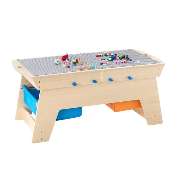 Kids Reversible Wooden Activity Table, Multi-Purpose Activity Play Table with 200 Building Bricks & 3 Storage Bins for Kids 3+ Years, Large Storage Space, Present for Boys & Girls, Natural