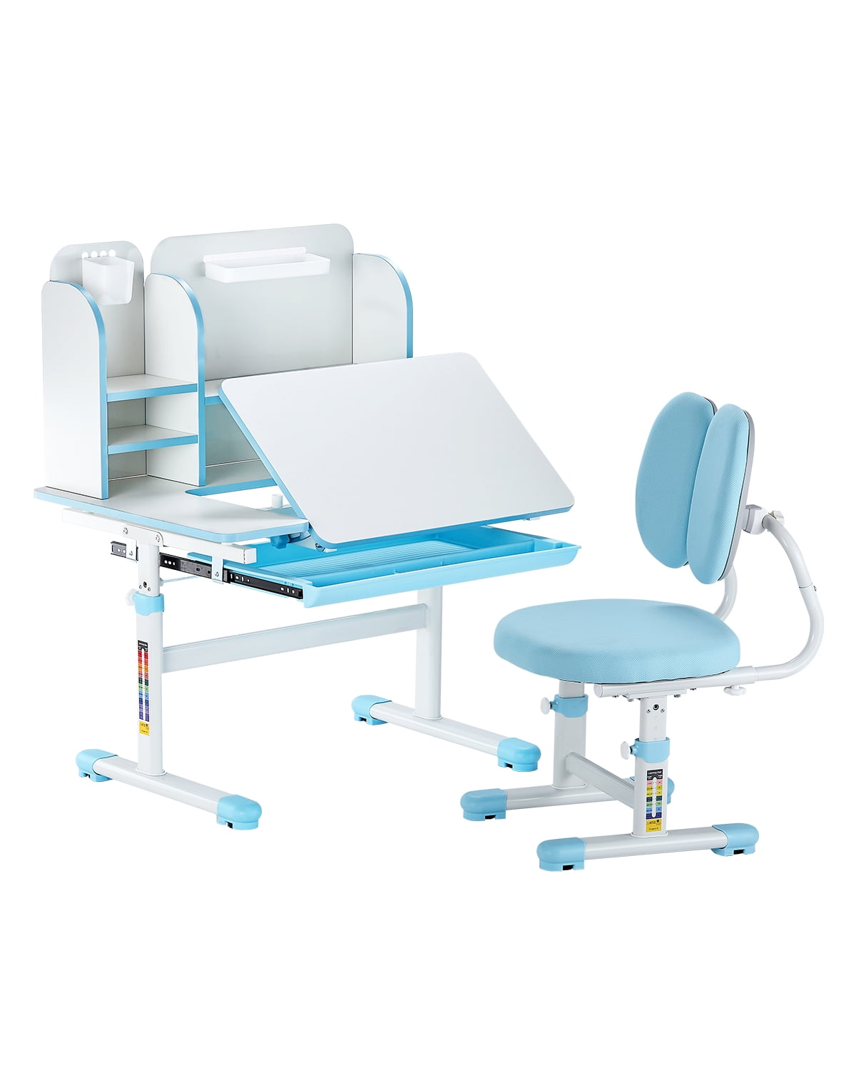 VEVOR Kids Study Chair and Desk Set, Study Desk and Chair for Kids with Bookshelf & Storage Drawer, Adjustable Height & 0-40° Tilted Desktop Desk and Chair, Study Table for Bedroom & Study Room, Blue