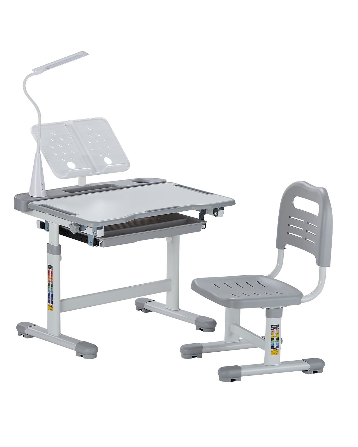 VEVOR Kids Study Chair and Desk Set, Study Desk and Chair for Kids with Table Lamp, Adjustable Height & 0-40° Tilted Desktop Kids Desk and Chair, Children Study Table for Bedroom & Study Room, Grey