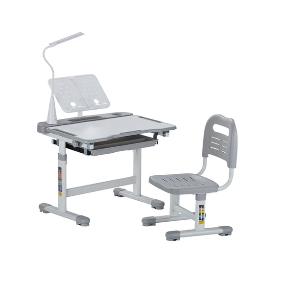 VEVOR Kids Study Chair and Desk Set, Study Desk and Chair for Kids with Table Lamp, Adjustable Height & 0-40° Tilted Desktop Kids Desk and Chair, Children Study Table for Bedroom & Study Room, Grey
