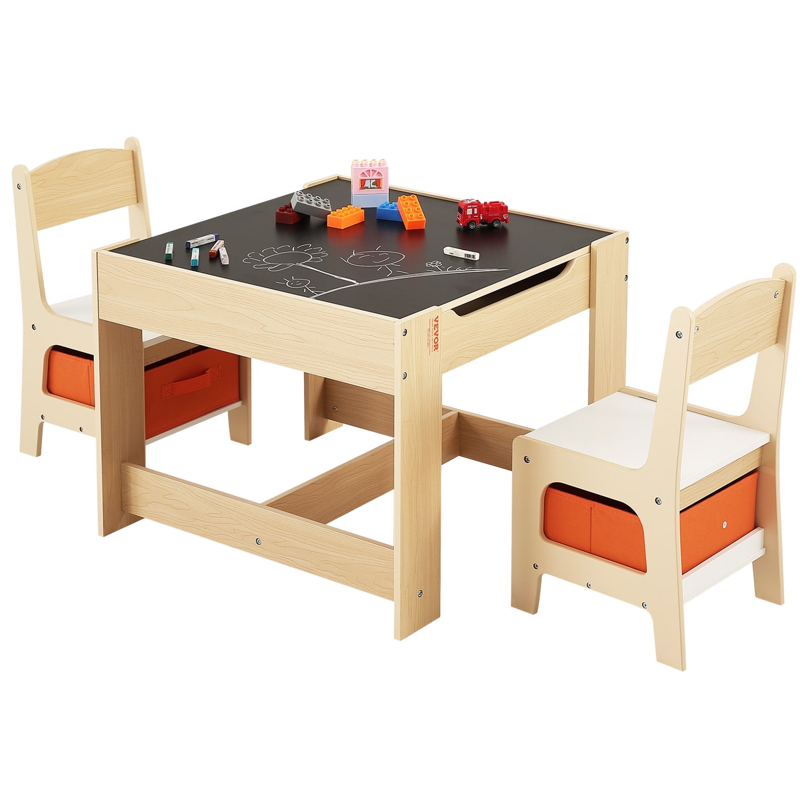 VEVOR Kids Table and 2 Chairs Set, Toddler Table and Chair Set with Storage Space under the Table, Cloth Storage Box under the Chairs, Wooden Desk for Art, Craft, Reading, Learning, Drawing