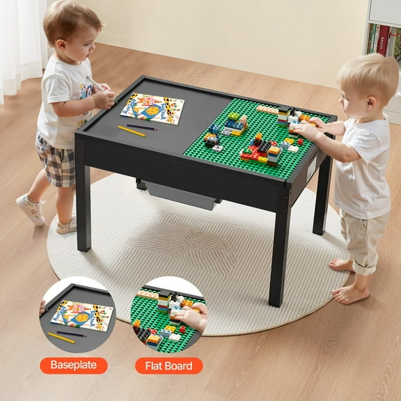 VEVOR Kids Wooden Activity Table, Building Blocks Double-Sided Tabletop, Multi-Purpose Activity Play Table with 2 Storage Bins for Kids 3+ Years, Large Storage Space, Present for Boys & Girls, Black