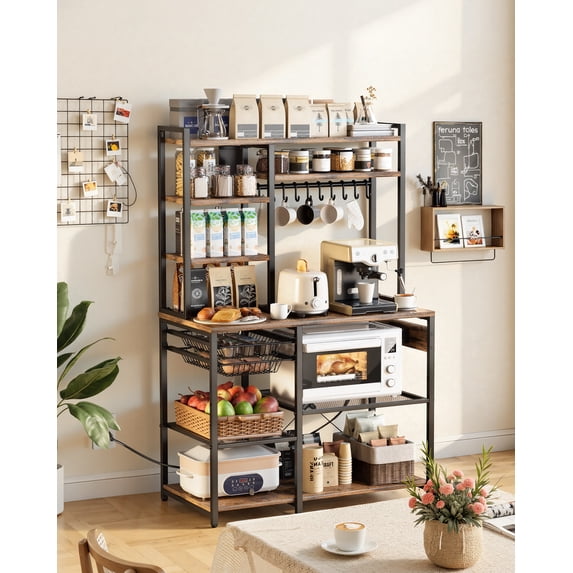 VEVOR Kitchen Bakers Rack, 5 ft Power Cable Bakers Rack with Power Outlet, Kitchen Stand with X-Shaped Support Bar, 10 S-Shaped Hooks, Coffee Bar Stand for Dishes, Spice Bottles, Built-In Power Strip