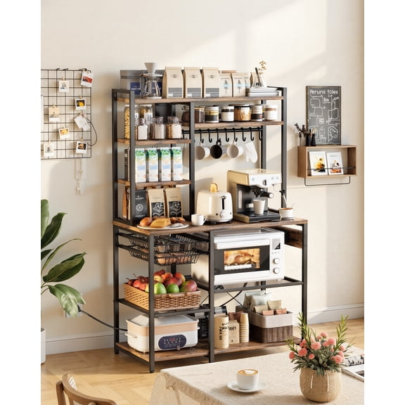 VEVOR Kitchen Bakers Rack, 5 ft Power Cable Bakers Rack with Power Outlet, Kitchen Stand with X-Shaped Support Bar, 10 S-Shaped Hooks, Coffee Bar Stand for Dishes, Spice Bottles, Built-In Power Strip