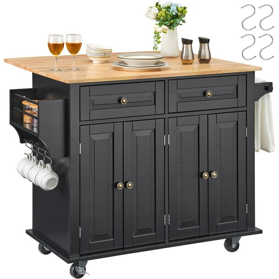 VEVOR Kitchen Island Cart, 43" Wood Top Mobile Carts with Storage Cabinet, Rolling Table with Drop Leaf, Spice Rack, Towel Bar, Adjustable Shelf, Drawer, and Hooks, Portable Islands on Wheels, Black