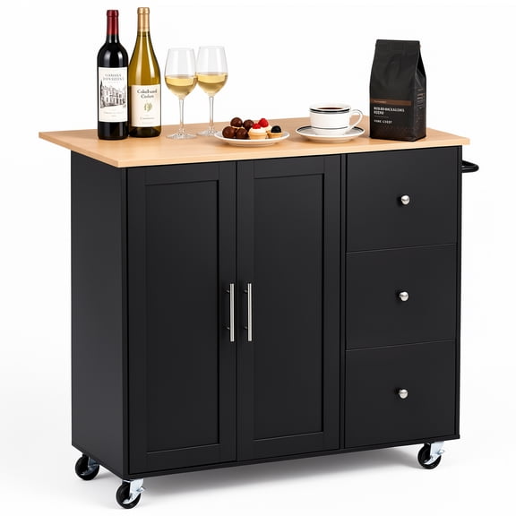 VEVOR Kitchen Island Cart with Storage, 42.4 in Wide Mobile Rolling Storage Island on Swivel Wheels, with 3 Drawers, Storage Cabinet, Drop Leaf, Towel Rack, Table for Home Dining Room, Black