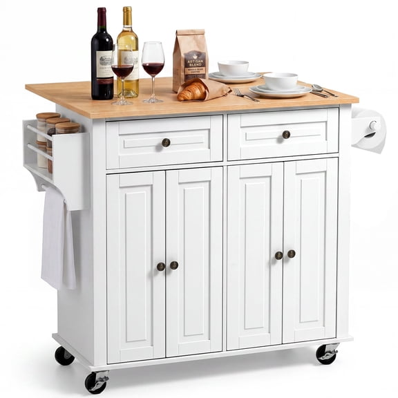 VEVOR Kitchen Island Cart with Storage, 43.58 in Wide Mobile Rolling Storage Island on Swivel Wheels, with 2 Drawers, Storage Cabinet, Drop Leaf, Spice/Towel Rack, Table for Home Dining Room, White