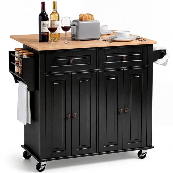 VEVOR Kitchen Island Cart with Storage, 43.58 in Wide Mobile Rolling Storage Island on Swivel Wheels, with 2 Drawers, Storage Cabinet, Drop Leaf, Spice/Towel Rack, Table for Home Dining Room, Black