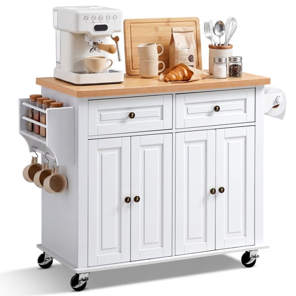 VEVOR Kitchen Island Cart with Storage, 43.7 in Wide Mobile Rolling Storage Island on Swivel Wheels, with 2 Drawers, Storage Cabinet, Spice/Towel Rack, Hooks, Table for Home Dining Room, White