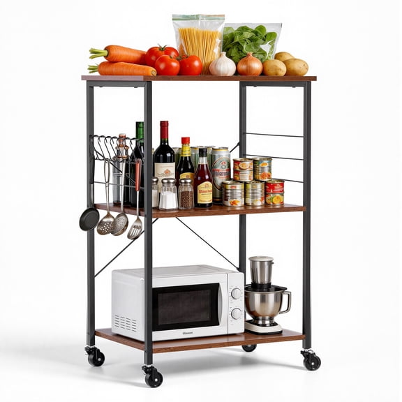 VEVOR Kitchen Utility Cart, 3 Tier 23.7 in Microwave Stand Coffee Cart, Heavy Duty Storage Rack, Service Trolley on Wheels, Industrial Rolling Work Table with 8 Hooks, for Mini Oven, Toaster, Vintage