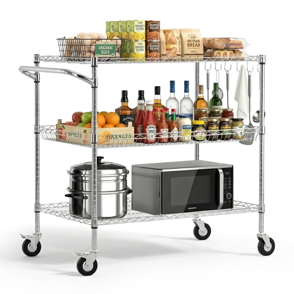 VEVOR Kitchen Utility Cart, 3 Tier Heavy Duty Adjustable Wire Storage Rack, Commercial Steel Rolling Service Trolley on Wheels, Work Table with Handle Bar, for Garage and Laundry Room, 40x25x40.9 in