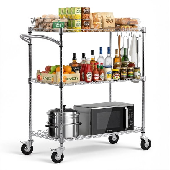 VEVOR Kitchen Utility Cart, 3 Tier Heavy Duty Adjustable Wire Storage Rack, Commercial Steel Rolling Service Trolley on Wheels, Work Table with Handle Bar, for Garage and Laundry Room,35x17.8x40.9 in