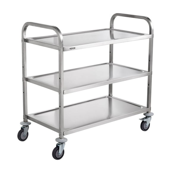 VEVOR Kitchen Utility Cart,3 Tiers, Wire Rolling Cart with 450LBS Capacity, Steel Service Cart on Wheels, Metal Storage Trolley with 80mm Basket Curved Handle PP Liner 6 Hooks, for Indoor and Outdoor