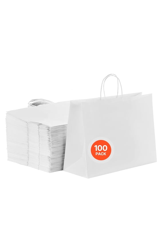 Kraft Paper Bags with Handles, 100Pcs 16 x 6 x 12 in, Large Paper Grocery Bags, Reusable & Recycled Take-Out Sacks, Plain Party Bag Bulk for Birthday, Wedding, Business, Goody, White