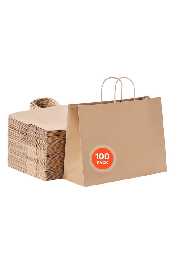 Kraft Paper Bags with Handles, 100Pcs 16 x 6 x 12 in, Large Paper Grocery Bags, Reusable & Recycled Take-Out Sacks, Plain Party Bag Bulk for Birthday, Wedding, Business, Goody, Brown