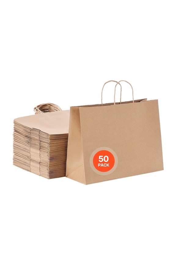 Kraft Paper Bags with Handles, 50Pcs 16 x 6 x 12 in, Large Paper Grocery Bags, Reusable & Recycled Brown Take-Out Sacks, Plain Party Bag Bulk for Birthday, Wedding, Business, Goody, Craft