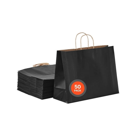 VEVOR Kraft Paper Bags with Handles, 50Pcs 16 x 6 x 12 in, Large Paper Grocery Bags, Reusable & Recycled Take-Out Sacks, Plain Party Bag Bulk for Birthday, Wedding, Business, Goody, Black